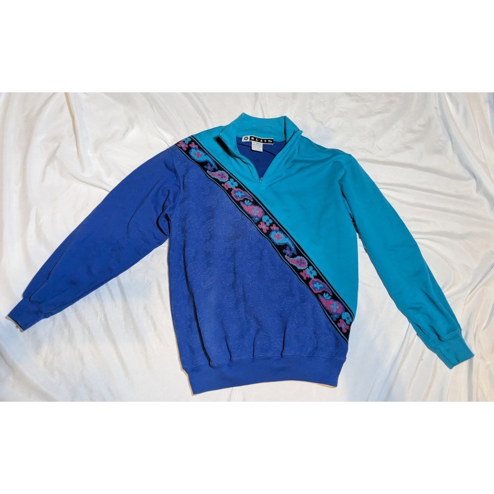 Vintage Blast Women's Sweater With Blue‎ & Teal Colorblock & Floral Paisley Trim